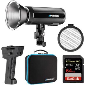 Westcott FJ200 Round Head Pocket Strobe Light with 64GB Memory Card for 4K Video and Westcott ProGrip2 Ergonomic Handheld Mount for Photographers Bundle Set (WES-4740) in Kuwait