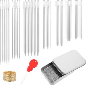 طقم إبر خياطة يدوية من الفولاذ المقاوم للصدأ 42 قطعة، 7 مقاسات إبر تطريز مع كشتبان ذهبي وخيوط إبرة، مجموعة إبر فضية للملابس والتطريز والحرف اليدوية in Kuwait