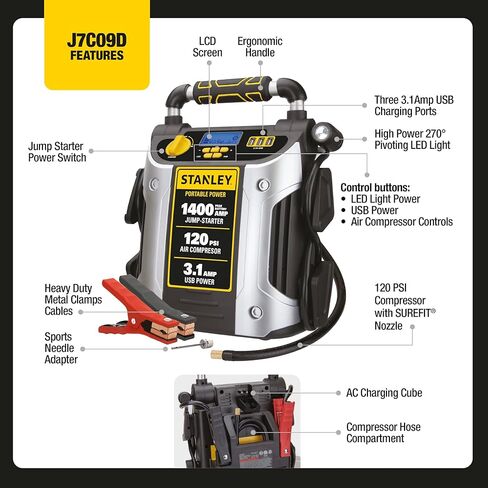 1400 Peak Amp Automotive Jump Starter, Portable Power – Triple 15W USB Ports, 120 PSI Air Compressor in Saudi Arabia
