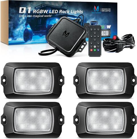 MICTUNING Q1 RGBW LED أضواء الصخور، 8 القرون لون نقي تحت توهج نيون إضاءة متعددة الألوان مع مجموعة مفاتيح الأسلاك، وحدة تحكم بلوتوث، جهاز التحكم عن بعد، وضع الموسيقى للشاحنات سيارة ATV UTV عربة الغولف in Kuwait