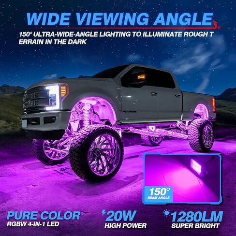 MICTUNING Q1 RGBW LED أضواء الصخور، 8 القرون لون نقي تحت توهج نيون إضاءة متعددة الألوان مع مجموعة مفاتيح الأسلاك، وحدة تحكم بلوتوث، جهاز التحكم عن بعد، وضع الموسيقى للشاحنات سيارة ATV UTV عربة الغولف in Kuwait