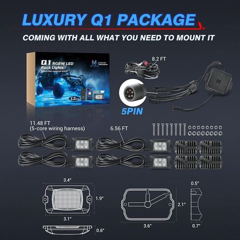 MICTUNING Q1 RGBW LED أضواء الصخور، 8 القرون لون نقي تحت توهج نيون إضاءة متعددة الألوان مع مجموعة مفاتيح الأسلاك، وحدة تحكم بلوتوث، جهاز التحكم عن بعد، وضع الموسيقى للشاحنات سيارة ATV UTV عربة الغولف in Kuwait