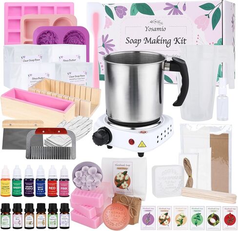 Yosamio Deluxe Soap Making Kit with Exclusive Stamp & Melter–40+Pcs DIY Supplies for Adults, Shea Butter & Clear Bases, Essential Oils, Molds, Dyes & Pot. Full Set for Beginners in Saudi Arabia