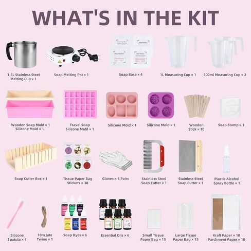 Yosamio Deluxe Soap Making Kit with Exclusive Stamp & Melter–40+Pcs DIY Supplies for Adults, Shea Butter & Clear Bases, Essential Oils, Molds, Dyes & Pot. Full Set for Beginners in Saudi Arabia