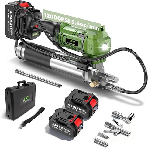 J-KU Electric Grease Gun 12000 PSI: Cordless Grease Gun with 8000 mAh Batteries, 5.6 oz/min, 39.4" Hose & 90° Coupler, LED Light - Effortless Heavy-Duty Tool Kit for Farm,Tractor & Heavy Equipment in Saudi Arabia