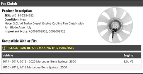 قابض مروحة تبريد المحرك مع مجموعة شفرات المروحة - متوافق مع 2010-2020 Mercedes-Benz Sprinter 2500 3.0L V6 Turbo Diesel in Saudi Arabia