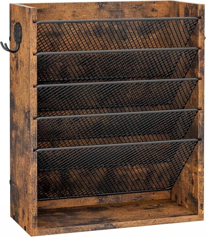 Hanging Wall File Organizer, 6-Tier Mesh Mail Organizer Wall Mount Holder with 2 Hooks, Wooden Magazine Storage Crate with Bottom Flat Tray, Desk Organizer, for Office, Home, Rustic Brown in Saudi Arabia