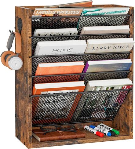 Hanging Wall File Organizer, 6-Tier Mesh Mail Organizer Wall Mount Holder with 2 Hooks, Wooden Magazine Storage Crate with Bottom Flat Tray, Desk Organizer, for Office, Home, Rustic Brown in Saudi Arabia