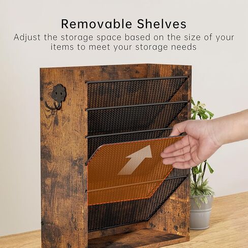 Hanging Wall File Organizer, 6-Tier Mesh Mail Organizer Wall Mount Holder with 2 Hooks, Wooden Magazine Storage Crate with Bottom Flat Tray, Desk Organizer, for Office, Home, Rustic Brown in Saudi Arabia