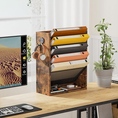 Hanging Wall File Organizer, 6-Tier Mesh Mail Organizer Wall Mount Holder with 2 Hooks, Wooden Magazine Storage Crate with Bottom Flat Tray, Desk Organizer, for Office, Home, Rustic Brown in Saudi Arabia