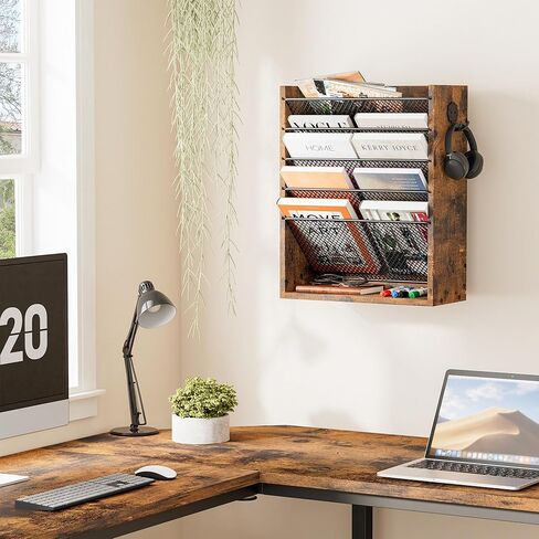 Hanging Wall File Organizer, 6-Tier Mesh Mail Organizer Wall Mount Holder with 2 Hooks, Wooden Magazine Storage Crate with Bottom Flat Tray, Desk Organizer, for Office, Home, Rustic Brown in Saudi Arabia