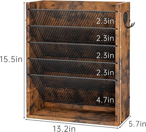 Hanging Wall File Organizer, 6-Tier Mesh Mail Organizer Wall Mount Holder with 2 Hooks, Wooden Magazine Storage Crate with Bottom Flat Tray, Desk Organizer, for Office, Home, Rustic Brown in Saudi Arabia