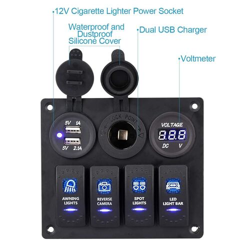 لوحة تبديل قارب الروك من Garfour لوحة مطاطية مقاومة للماء مزدوجة 3.1 أمبير USB 12 فولت مقبس فتحة LED فولتميتر 4 عصابة لوحة مفاتيح هزازة لشاحنة قارب السيارة in Kuwait