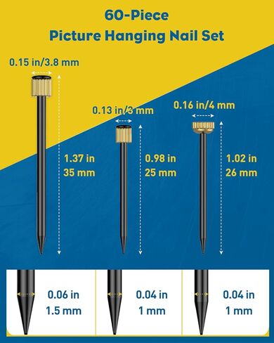 Uniclife 90 Pcs Picture Hanging Nails for Wall Art, 3 Sizes, Small Nails for Hanging Pictures, Alloy Steel Picture Hangers Picture Nails, Picture Frame Hangers, Wall Nails for Hanging Photos Mirrors in Saudi Arabia
