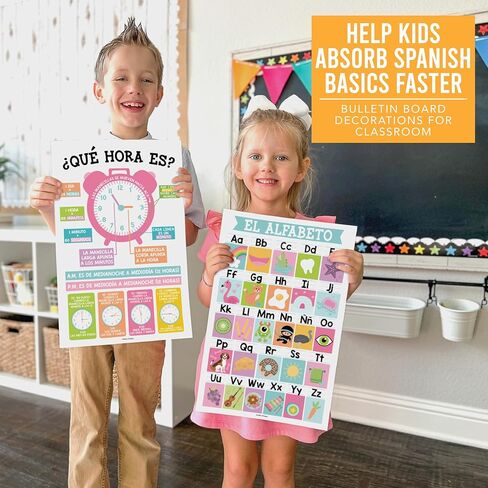 12 Farmhouse Spanish Posters For Classroom Decorations For Preschool Teachers - Spanish Classroom Posters Elementary, Spanish Learning For Kids Educational Posters, Bilingual Learning Spanish For Kids in Kuwait