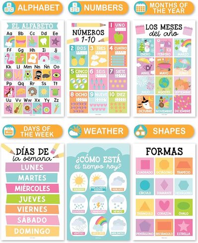 12 Farmhouse Spanish Posters For Classroom Decorations For Preschool Teachers - Spanish Classroom Posters Elementary, Spanish Learning For Kids Educational Posters, Bilingual Learning Spanish For Kids in Kuwait