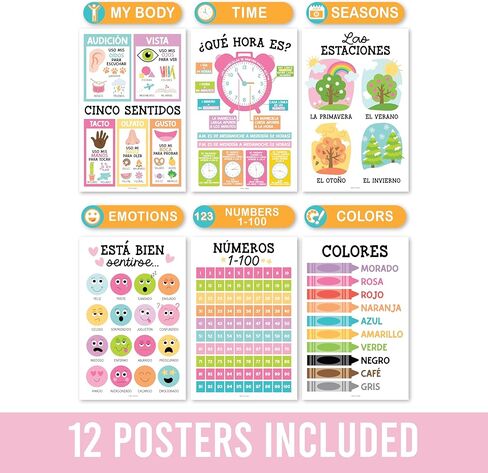 12 Farmhouse Spanish Posters For Classroom Decorations For Preschool Teachers - Spanish Classroom Posters Elementary, Spanish Learning For Kids Educational Posters, Bilingual Learning Spanish For Kids in Kuwait
