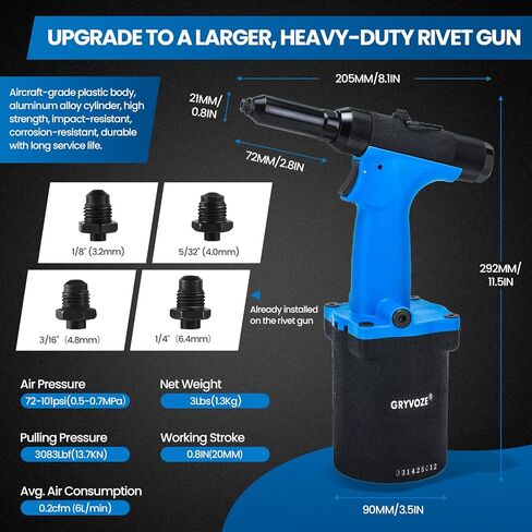 Pneumatic Rivet Gun Air Pop Riveter Tool Kit with 1/8", 5/32", 3/16", 1/4" Rivet Nozzles, Pneumatic Riveting Gun, Upgraded Air Riveter Hydraulic Pop Riveting Rivets Tool, No-Self-Suction in Saudi Arabia