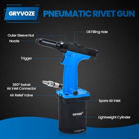 Pneumatic Rivet Gun Air Pop Riveter Tool Kit with 1/8", 5/32", 3/16", 1/4" Rivet Nozzles, Pneumatic Riveting Gun, Upgraded Air Riveter Hydraulic Pop Riveting Rivets Tool, No-Self-Suction in Saudi Arabia