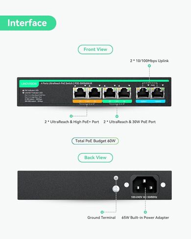 LINOVISION 8 منافذ UltraReach PoE Switch بحد أقصى 2600 قدم (800 متر) طويل المدى PoE، 2 منافذ PoE عالية عالية، إدارة سحابية عن بعد، مصدر طاقة مدمج 130 واط لكاميرات IP، PTZ، نقاط الوصول، وأجهزة VoIP in Kuwait