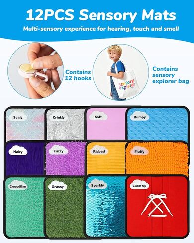 12Set Large Sensory Mats 10 x10 Inch Textured Labeled Sensory Tile Sensory Wall Panels with Hooks&Storage Tote,Tactile Sensory Toys for Autism,Calming Corner Classroom,Special Needs Education in Kuwait