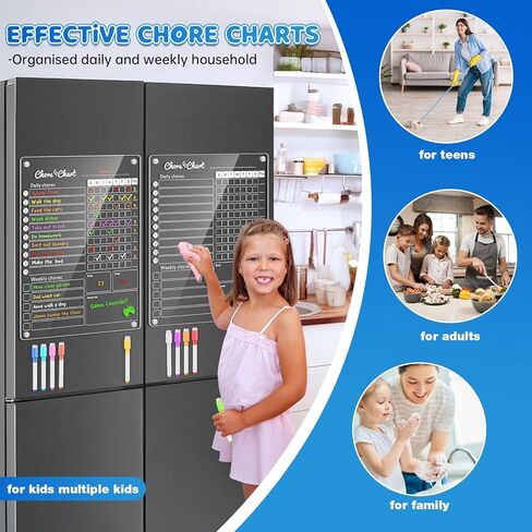 Magnetic Chore Chart for Kids, 4 Pcs Dry Erase Behavior Charts and 6 Colored Markers with Eraser Caps with 1 Eraser, Reward Chart for Multiple Kids Teens Adults Family, Chores Chart for Kids (Black) in Kuwait