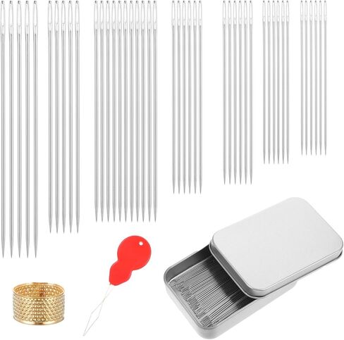طقم إبر خياطة يدوية من الفولاذ المقاوم للصدأ 42 قطعة، 7 مقاسات إبر تطريز مع كشتبان ذهبي وخيوط إبرة، مجموعة إبر فضية للملابس والتطريز والحرف اليدوية in Kuwait