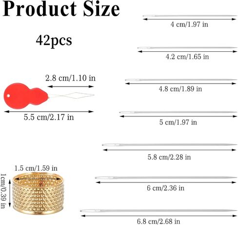 طقم إبر خياطة يدوية من الفولاذ المقاوم للصدأ 42 قطعة، 7 مقاسات إبر تطريز مع كشتبان ذهبي وخيوط إبرة، مجموعة إبر فضية للملابس والتطريز والحرف اليدوية in Kuwait