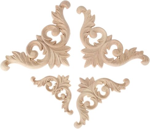 MUXSAM Wood Carved Applique Corner Onlay for Furniture Decoration, 4-Pack Unpainted Wooden Carving Decals for Walls Doors Mirrors Dresser Closet Bed Cabinet Decor DIY Project, 8x8cm/3.15"x3.15" in Saudi Arabia