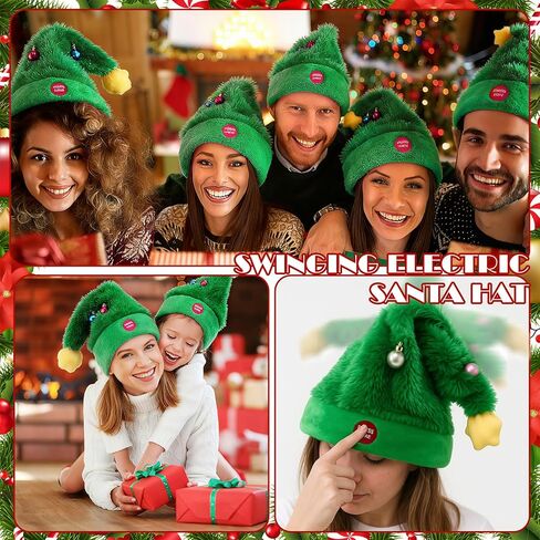 Soulchen Singing and Dancing Electric Christmas Santa Hat, Electric Swing Moving Santa Hat, Plush Green Musical Christmas Hats, Swing Musical Funny Toy for Xmas New Year Party Supplies in Saudi Arabia