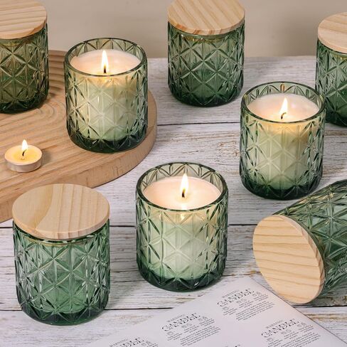 Lanttu 10pcs Empty Green Diamond Glass Candle Jars, 7oz Glass Containers with Wooden Lids and Labels, Candle Vessels for DIY, Gifts, Candle Making Supplies, Wedding Decorations in Kuwait