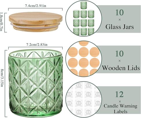 Lanttu 10pcs Empty Green Diamond Glass Candle Jars, 7oz Glass Containers with Wooden Lids and Labels, Candle Vessels for DIY, Gifts, Candle Making Supplies, Wedding Decorations in Kuwait