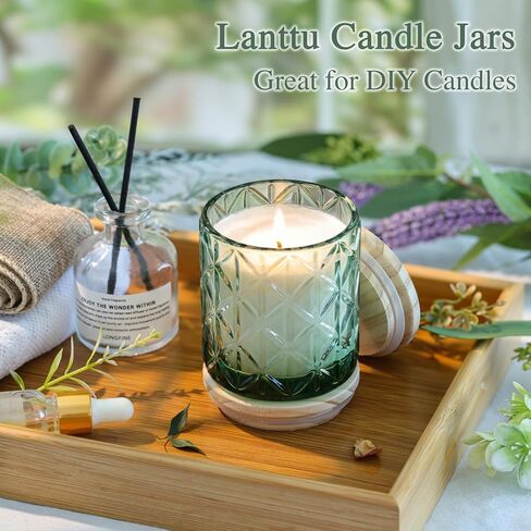 Lanttu 10pcs Empty Green Diamond Glass Candle Jars, 7oz Glass Containers with Wooden Lids and Labels, Candle Vessels for DIY, Gifts, Candle Making Supplies, Wedding Decorations in Kuwait