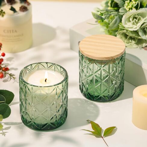Lanttu 10pcs Empty Green Diamond Glass Candle Jars, 7oz Glass Containers with Wooden Lids and Labels, Candle Vessels for DIY, Gifts, Candle Making Supplies, Wedding Decorations in Kuwait