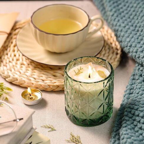 Lanttu 10pcs Empty Green Diamond Glass Candle Jars, 7oz Glass Containers with Wooden Lids and Labels, Candle Vessels for DIY, Gifts, Candle Making Supplies, Wedding Decorations in Kuwait