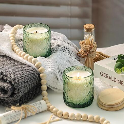 Lanttu 10pcs Empty Green Diamond Glass Candle Jars, 7oz Glass Containers with Wooden Lids and Labels, Candle Vessels for DIY, Gifts, Candle Making Supplies, Wedding Decorations in Kuwait