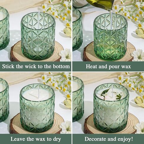 Lanttu 10pcs Empty Green Diamond Glass Candle Jars, 7oz Glass Containers with Wooden Lids and Labels, Candle Vessels for DIY, Gifts, Candle Making Supplies, Wedding Decorations in Kuwait
