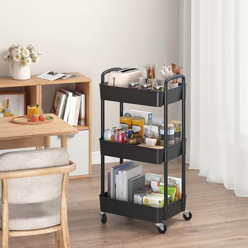 Sywhitta 3-Tier Plastic Rolling Utility Cart with Handle, Multi-Functional Storage Trolley for Office, Living Room, Kitchen, Movable Storage Organizer with Wheels, White in Kuwait