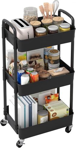 Sywhitta 3-Tier Plastic Rolling Utility Cart with Handle, Multi-Functional Storage Trolley for Office, Living Room, Kitchen, Movable Storage Organizer with Wheels, White in Kuwait