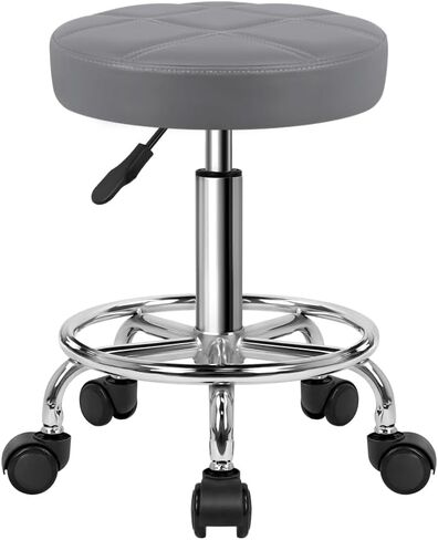 KKTONER Round Rolling Stool Chair PU Leather Height Adjustable Swivel Drafting Work SPA Shop Salon Stools with Wheels Office Chair Small (Gray) in Kuwait