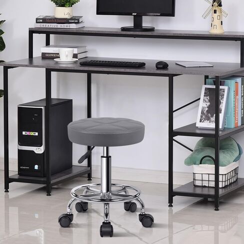 KKTONER Round Rolling Stool Chair PU Leather Height Adjustable Swivel Drafting Work SPA Shop Salon Stools with Wheels Office Chair Small (Gray) in Kuwait