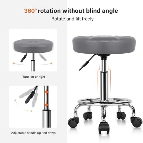 KKTONER Round Rolling Stool Chair PU Leather Height Adjustable Swivel Drafting Work SPA Shop Salon Stools with Wheels Office Chair Small (Gray) in Kuwait