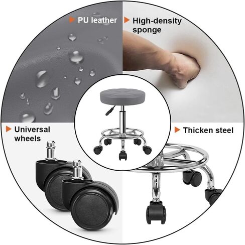 KKTONER Round Rolling Stool Chair PU Leather Height Adjustable Swivel Drafting Work SPA Shop Salon Stools with Wheels Office Chair Small (Gray) in Kuwait
