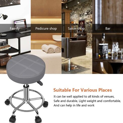 KKTONER Round Rolling Stool Chair PU Leather Height Adjustable Swivel Drafting Work SPA Shop Salon Stools with Wheels Office Chair Small (Gray) in Kuwait