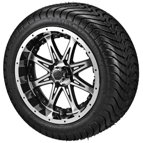 RM Cart Golf Cart Accessories 12" Revenge Black/Machined on 215/35-12 LSI Elite Tires with Pink Inserts (Set of 4) | Fits Metric Lug Nuts (Yamaha Only) in Saudi Arabia