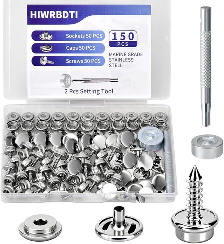 HIWRBDTI 150 Pcs Stainless Steel Canvas Snap Button Kit with 2 Pcs Setting Tool for Boat Cover, Metal Marine Grade 3/8 Inch Socket Heavy Duty Screws Snaps Fasteners Kit for Fabric, Furniture, Leather in Saudi Arabia