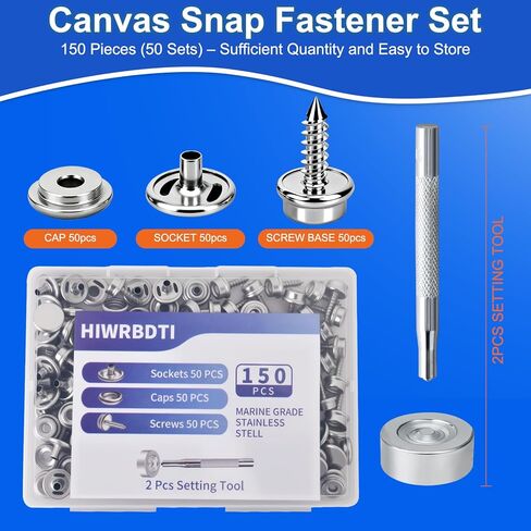 HIWRBDTI 150 Pcs Stainless Steel Canvas Snap Button Kit with 2 Pcs Setting Tool for Boat Cover, Metal Marine Grade 3/8 Inch Socket Heavy Duty Screws Snaps Fasteners Kit for Fabric, Furniture, Leather in Saudi Arabia
