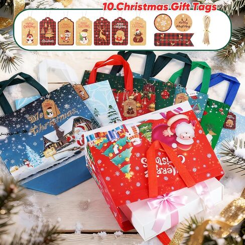 8 Pack Christmas Gift Bags Large with Handles, Non-Woven Reusable Tote Bag Christma's Wrapping Gift Bags for Xmas Gifts Shopping Holiday Christmas Party Supplies 12.8"×9.8"×6.7" with 10 Pcs Gift Tags in Saudi Arabia