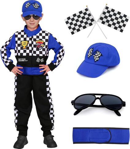 Latocos Kids Race Car Driver Costume Boys Girls Racer Jumpsuit With Car Cap Sunglasses Kids Dress Up Role Play for Halloween in Kuwait