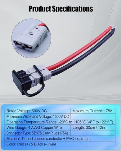 175A 4AWG Battery Connector Cable Fit for Andersons Plug Extension Cable Forklift, 30cm 4 Gauge Quick Connect Disconnect Wire Harness with Ends Lug and Waterproof Cap in Kuwait